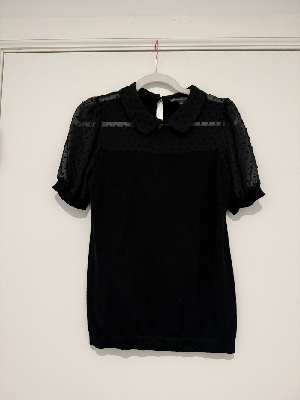 Adrianna Papell Black Dot Mesh Yoke Short Sleeve Blouse